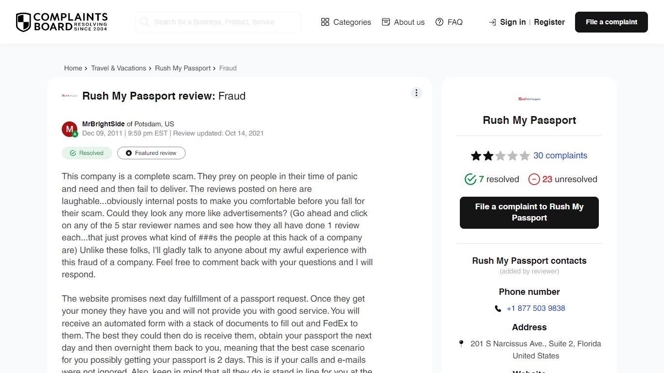 [Resolved] Rush My Passport Review: Fraud - ComplaintsBoard.com